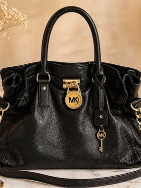 Michael Kors Hamilton Black Pebbled Leather Gold Charm Shoulder Crossbody Bag
